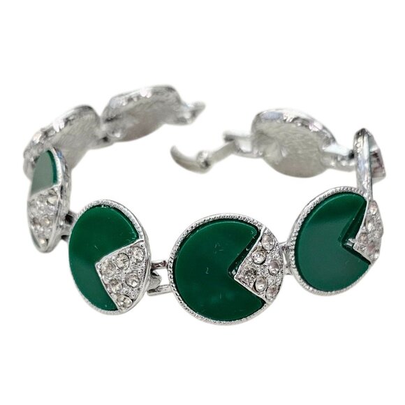 Silver Tone Clear Rhinestones Green Inlay Vintage 1940s-1950s Link Bracelet - Picture 7 of 7